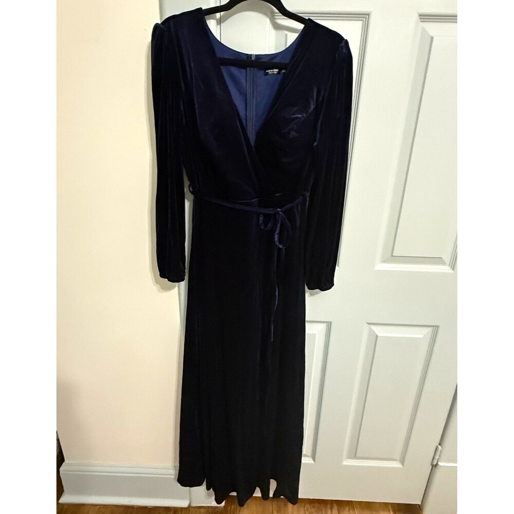 SHEIN CURVE Black Velvet V-Neck Wrap Maxi Dress Tie Waist Belted Long Sleeve 0XL